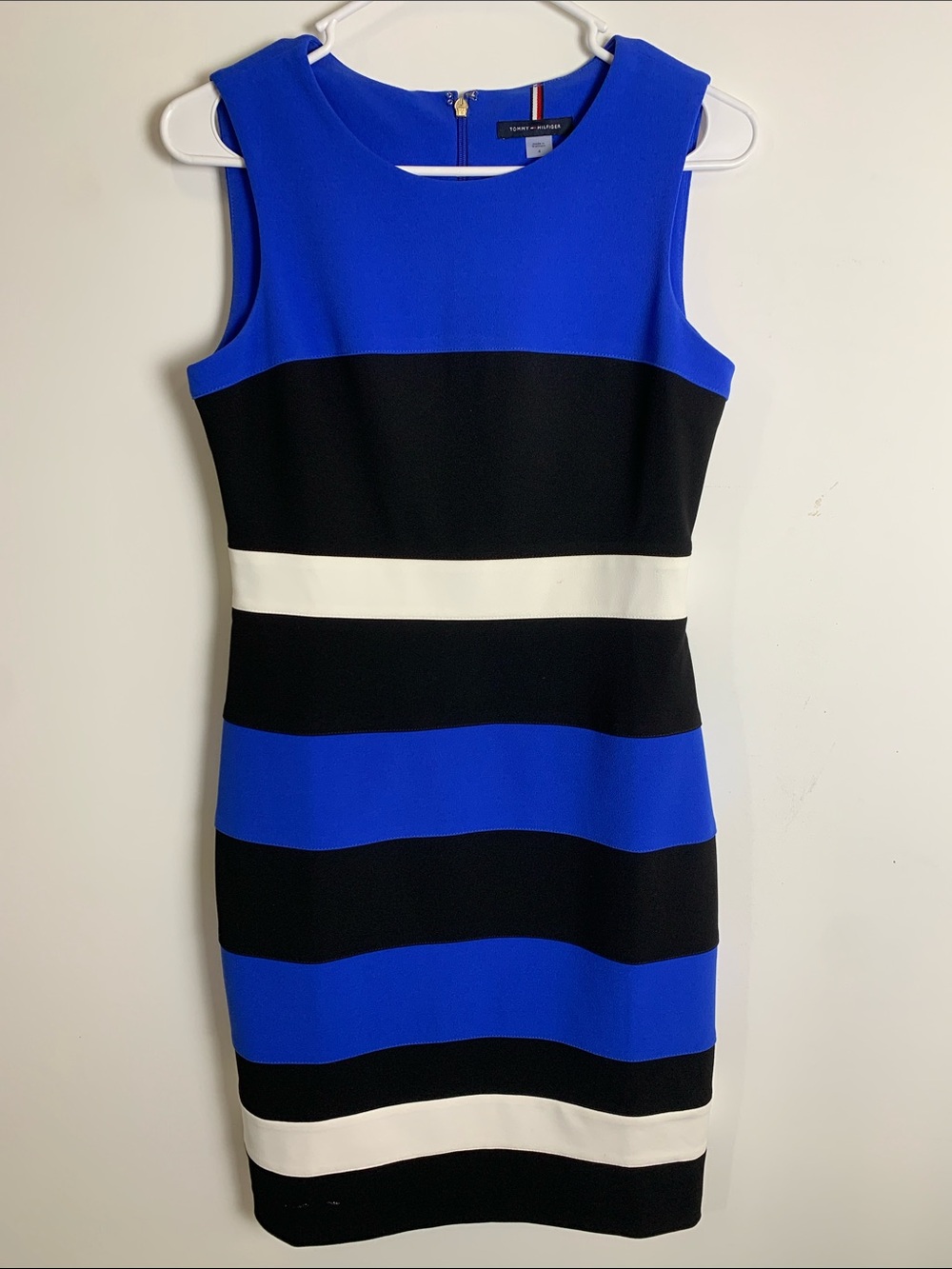 Tommy Hilfiger Cobalt Blue, Black & White Striped Midi Sheath Dress